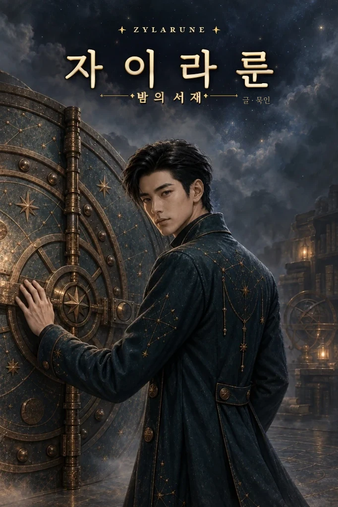 자이라룬 — 밤의 서재 표지. 별자리 문양 코트를 입은 루엔이 금고 문 앞에 서 있다.